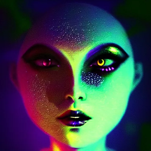 Image similar to grainy color polaroid of a beautiful feminine alien being consumed by darkness, iridescent eyes, dreamlike, digital art, intricate detail, 4k, hd