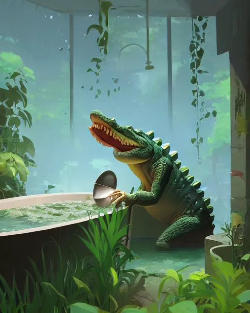 Prompt: a cute alligator brushing his teeth while taking a bath in a well with lush vegetation around, cory loftis, james gilleard, atey ghailan, makoto shinkai, goro fujita, character art, rim light, exquisite lighting, clear focus, very coherent, plain background, soft painting