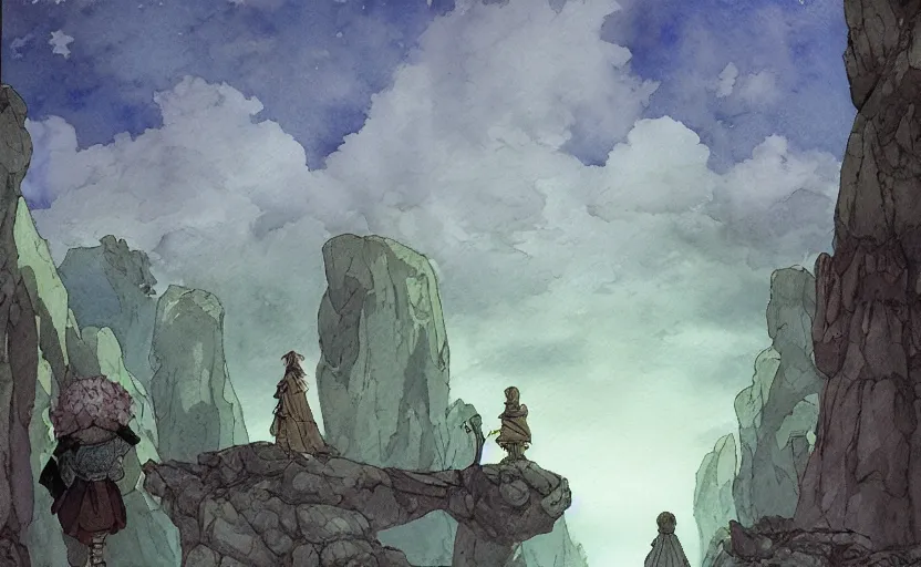 Image similar to a hyperrealist anime watercolor fantasy concept art of a giant monk with a big forehead and a small druid with a grey robe in stonehenge on a misty night. in the background several immense stones are floating in the air. by rebecca guay, michael kaluta, charles vess