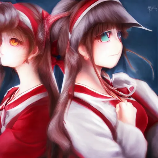 Prompt: portrait of reimu hakurei and marisa kirisame ultra realistic, highly detailed, sharp focus, cinematic lighting, mood lighting, realistic, vivid colors, painting, photorealistic, digital art, non blurry, sharp, smooth, illustration