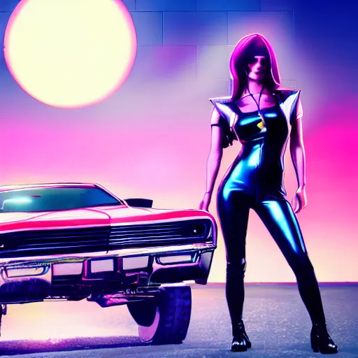 Image similar to synthwave cyberpunk girl wearing latex biker catsuit holding a molotolv sitting on a stack of speakers in the back of a blue 1967 chevy camero, in a neon city in the style of a comic book sunset city