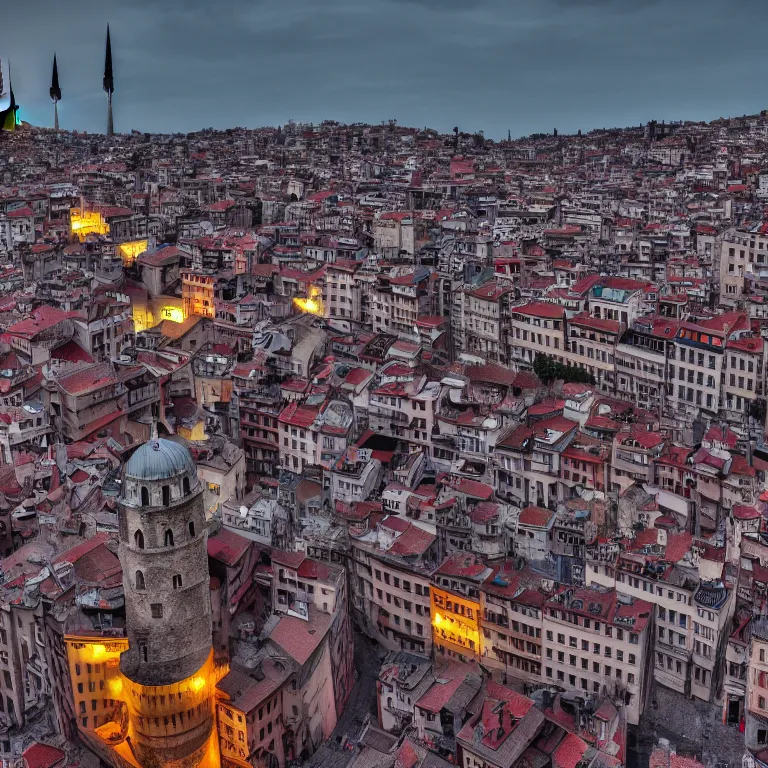 Prompt: a cinematic scene from the galata tower, solidity and eternity, lovecraft, dramatic lighting, ultra hd, hdr, 8 k