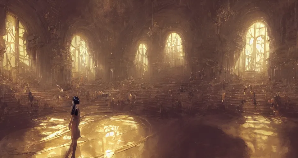 Image similar to craig mullins and ghibli digital art of inside the grand theater, on the stage, masked female violinists, exotic costumes, gold jewelry, black hair, solo performance unreal engine, hyper realism, realistic shading, cinematic composition, realistic render, octane render, detailed textures, photorealistic, wide shot
