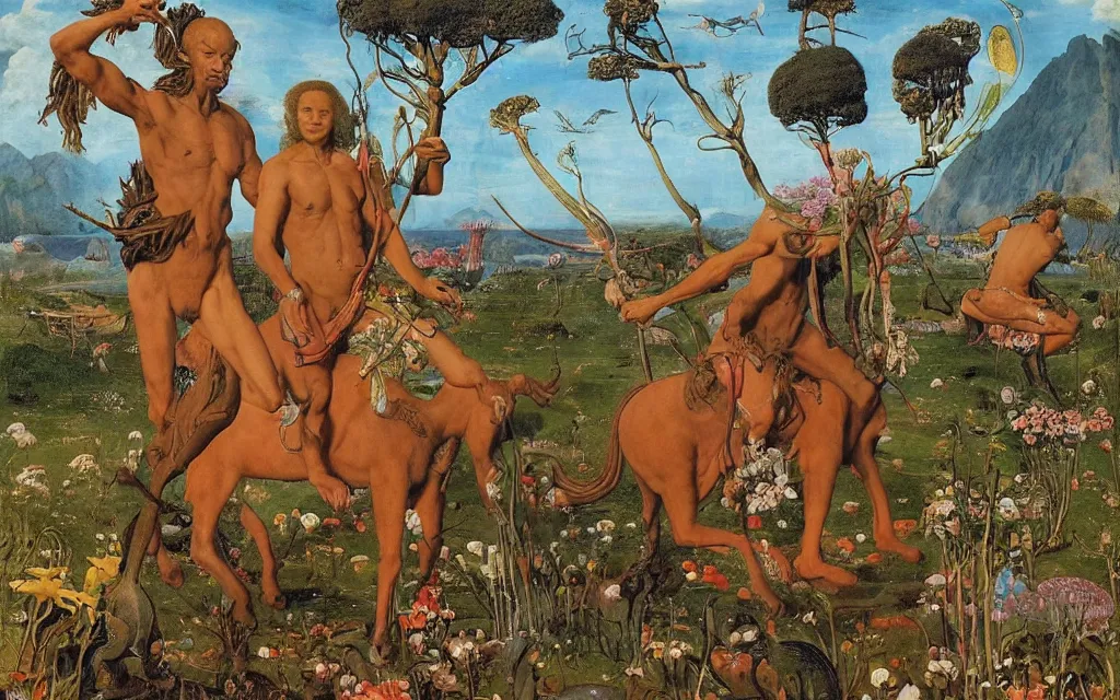 Image similar to a portrait photograph of a meditating satyr and a centaur monk riding a rocket machine and hunting at a river delta. surrounded by bulbous flowers and trees. mountain range under a blue sky of fiery stars. by jan van eyck, max ernst, ernst haeckel, ernst fuchs and artgerm, cgsociety, fashion editorial, 8 k