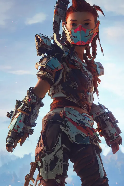 Image similar to combination suit armor aloy horizon forbidden west horizon zero dawn robot ninja mask helmet backpack tribal, aesthetic octane render, 8 k hd resolution, by ilya kuvshinov and cushart krentz and gilleard james radiating a glowing aura cgi rtx 2 0 2 2