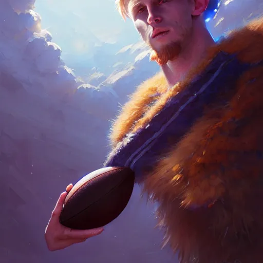 Image similar to highly detailed portrait of cooper kupp eating a football, unreal engine, fantasy art by greg rutkowski, loish, rhads, ferdinand knab, makoto shinkai and lois van baarle, ilya kuvshinov, rossdraws, tom bagshaw, global illumination, radiant light, detailed and intricate environment