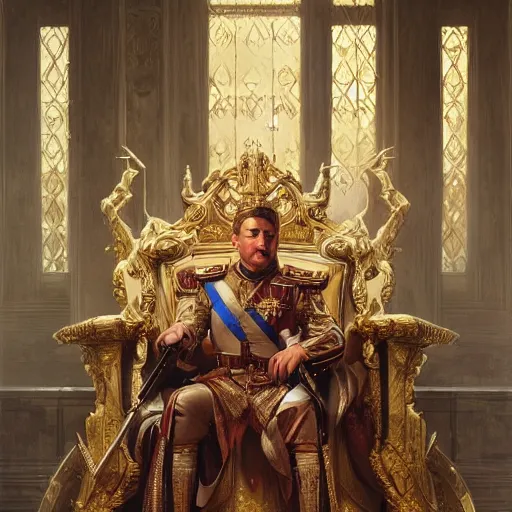 Image similar to A portrait of a king sitting on his throne, digital painting, artstation, concept art, donato giancola, Joseph Christian Leyendecker, WLOP, Boris Vallejo, Breathtaking, 8k resolution, extremely detailed, beautiful, establishing shot, artistic, hyperrealistic, beautiful face, octane render, cinematic lighting, dramatic lighting, masterpiece