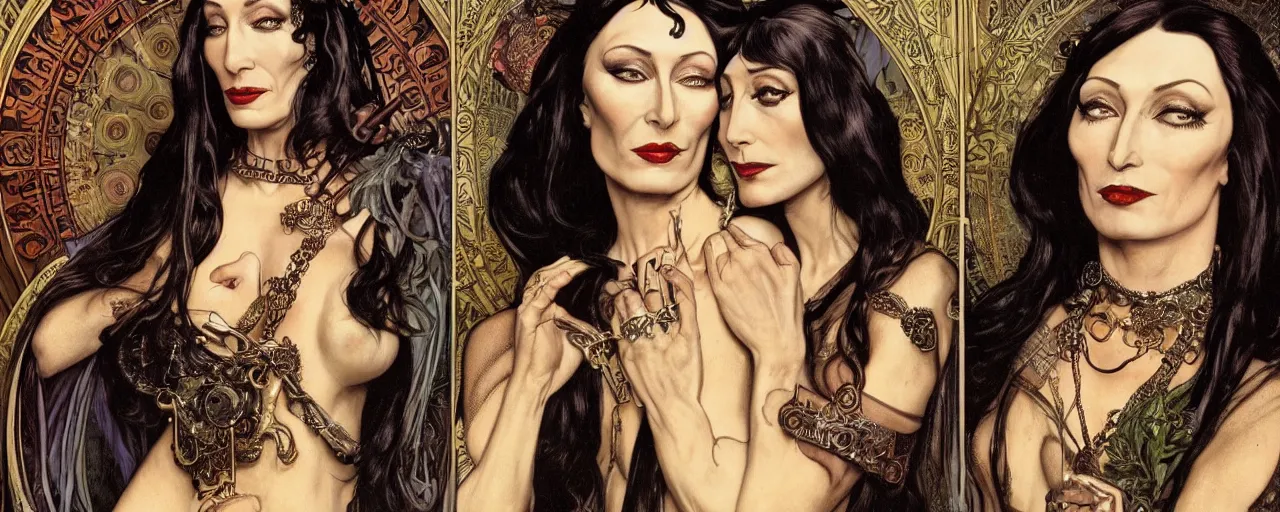 Image similar to stunning exotic art nouveau portrait of anjelica huston and morticia addams as industrial dieselpunk queens of the night by glenn fabry, simon bisley and alphonse mucha, photorealism, extremely hyperdetailed, perfect symmetrical facial features, perfect anatomy, ornate declotage, spikes, latex, confident expression, wry smile, sinister eyes