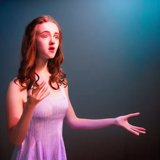 Image similar to beautiful theater actor from nyc, female, 1 8, performing on stage, brunette, blue eyes, 5 foot height, dramatic lighting