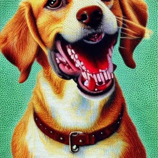 Image similar to dog smiling with human teeth, pointillism style, renaissance style, realistic canvas