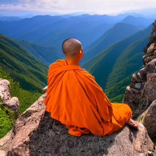 Image similar to a monk meditating on a tall mountain peak, beautiful background