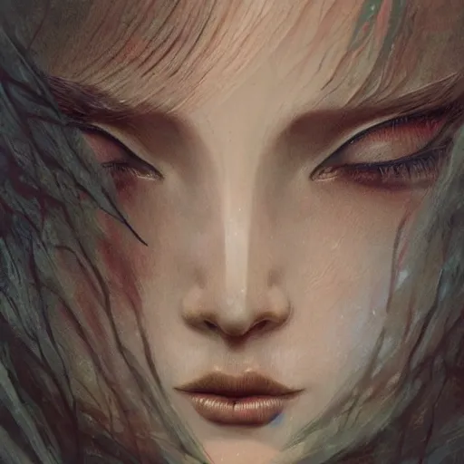 Prompt: A beautiful and mysterious elf maiden, digital painting, close up, details, sharp focus, elegant, highly detailed, illustration, intricate, Trends on artstation, pixiv, and digital art, by Beksinski