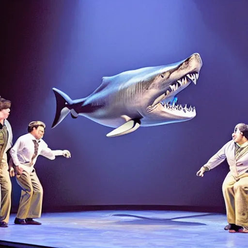 Image similar to award winning Production photo of Jaws the musical on broadway, dancing, singing, costumes by Julie Taymor, set design by Julie Taymor