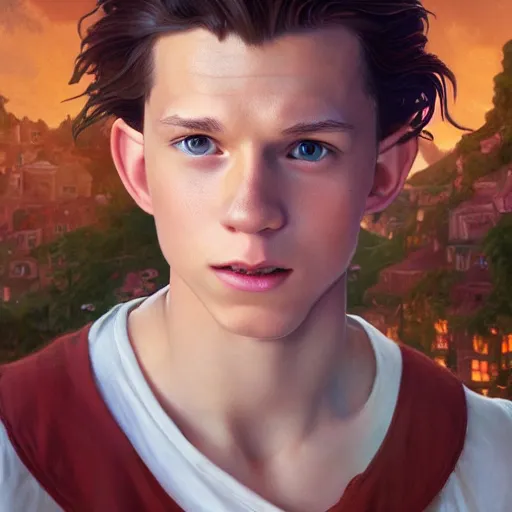 Image similar to skinny young tom holland as bell from beauty and the beast, dynamic lighting, path traced, atmospheric, highly detailed, high quality, beautiful painting, octane render, don bluth, ross tran, studio ghibli, alphonse mucha, jama jurabaev, extremely detailed, brush strokes, artstation, artgerm