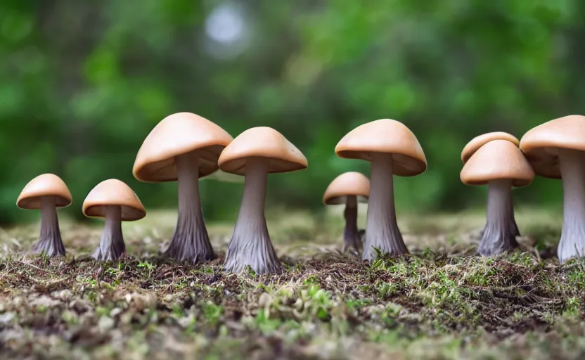 Image similar to a photography from afar of a creepy mushroom family, terrifying, photorealistic, 2 4 mm