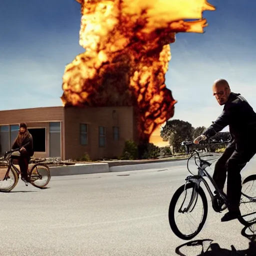 Image similar to photo of walter white and jesse pinkman riding bikes with an exploding building behind them, color, cinematic lighting, highly detailed