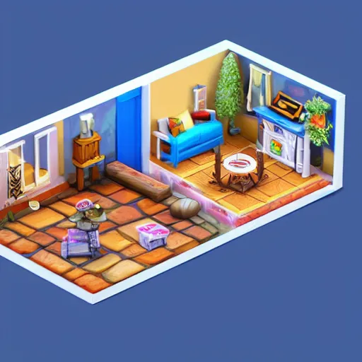 Image similar to small cute mobile game house, 1 0 0 mm, 3 d render, isometric, diorama, blue background,