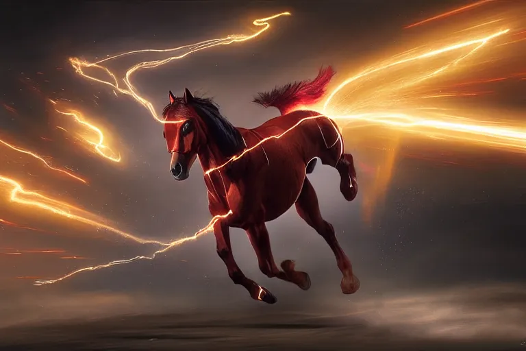 Image similar to a stunning digital painting of a horse as the flash in costume running in the speedforce by greg rutkowski, volumetric light, digital art, fine detail, photorealistic