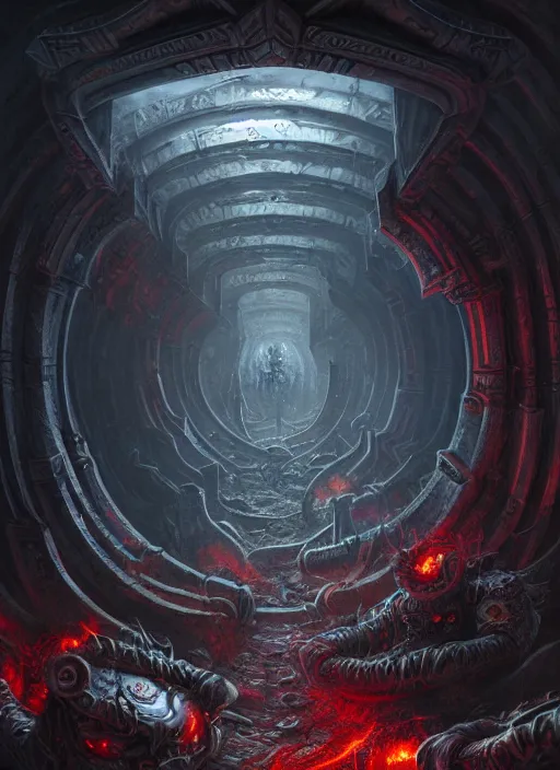 Image similar to wide shot of a warp portal, chaos demons emerging, blood runes glowing, intricate, warhammer, warhammer 4 0 k, highly detailed, digital painting, concept art, sharp focus, illustration, muted colors, grim dark, moody, gloomy, art by john blanche, by pedro nunez, by jaime martinez, by nacho molina