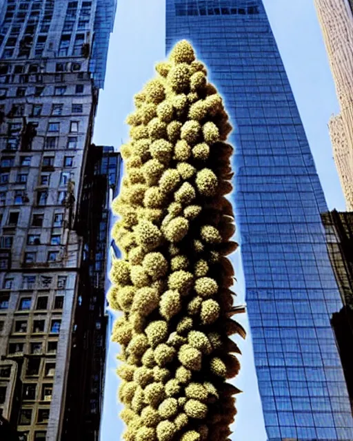 Prompt: beautiful giant marijuana bud covered in stunning large moist trichomes trichomes trichomes in the shape of a skyscraper in new york street, architectural diagram
