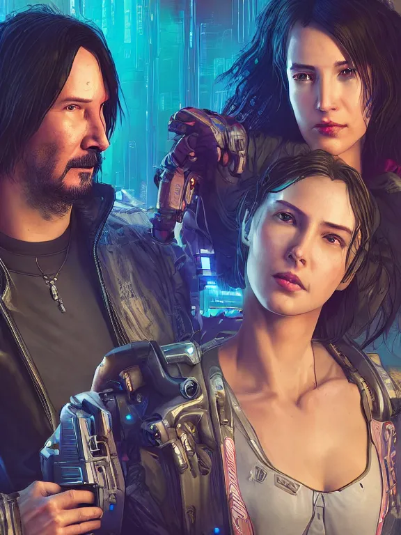 Image similar to a cyberpunk 2077 couple portrait of Keanu Reeves and V began a love story used lots of electric cable connected to giant computer,film lighting,by laurie greasley,Lawrence Alma-Tadema,William Morris,Dan Mumford,trending on atrstation,FAN ART,full of color,Digital painting,face enhance,highly detailed,8K, octane,golden ratio,cinematic lighting