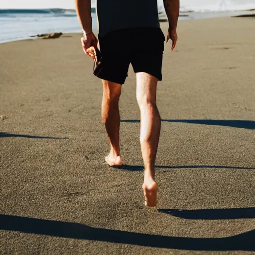 Image similar to a man walking in a sunny day in the beach with black shorts, realistic