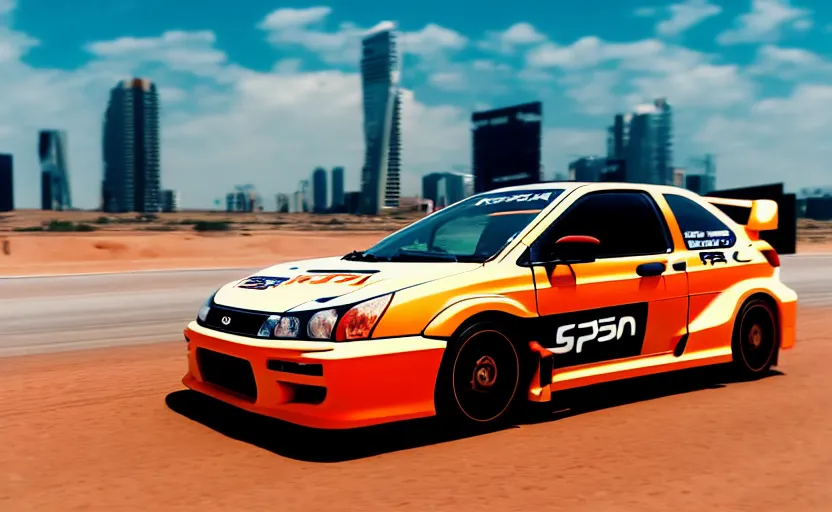 Image similar to photograph of a cell-shaded orange itasha Honda EK9 Type-R, speeding on a desert road with a futuristic city in the horizon, kicking up dirt, action shot, one point perspective, 1-point perspective, sigma 85mm f/1.4, 4k, depth of field, high resolution, 4k, 8k, hd, full color
