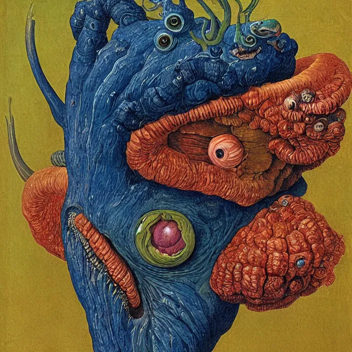 Image similar to close up portrait of a mutant monster creature with face in the shape of a colorful exotic dark blue carnivorous plant, snail - like protruding eyes. by jan van eyck, audubon