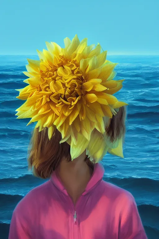 Image similar to closeup girl with huge yellow dahlia flower face, at beach, surreal photography, blue sky, sunrise, dramatic light, impressionist painting, digital painting, artstation, simon stalenhag