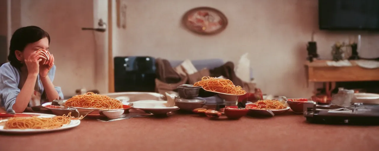 Prompt: eating spaghetti alone in front of the tv, modern era, canon 5 0 mm, kodachrome, in the style of wes anderson