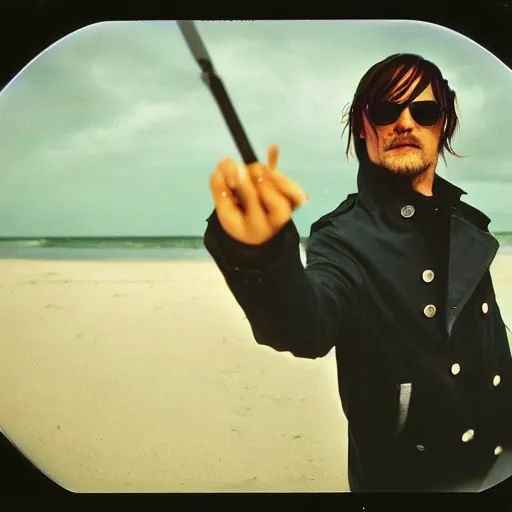 Image similar to 9 0 s polaroid photograph of norman reedus wearing a trenchcoat at night, dancing on a beach during cloudy weather, vignette