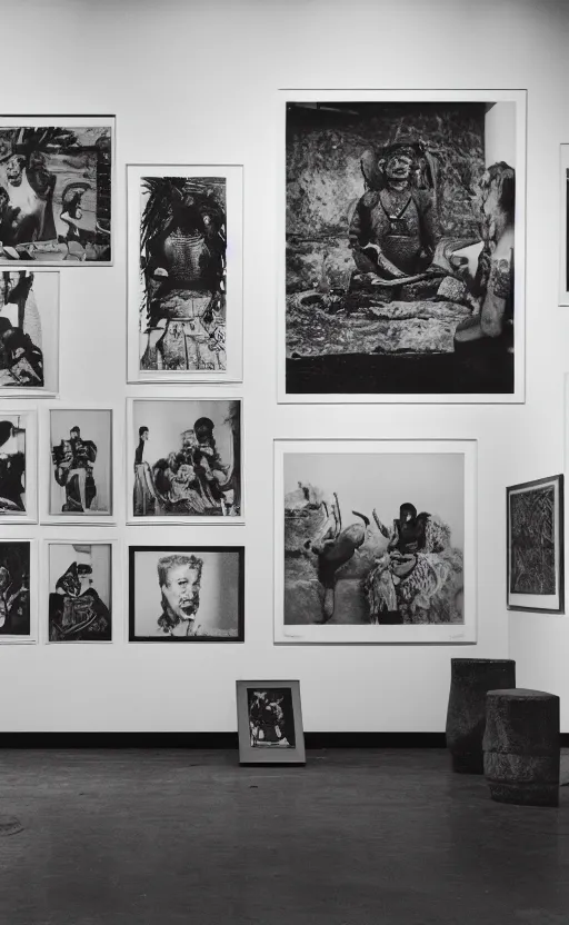 Prompt: a photography of an exhibition space with ethnographic objects on display 6 0 s offset lithography black white 8 k