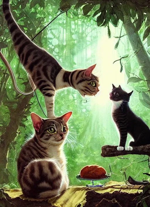 Image similar to a hyper realistic cat meeting an alien. and sunbeams blue sky, lush forest foliage painting by chiara bautista and norman rockwell and greg rutkowski weta studio, and lucasfilm