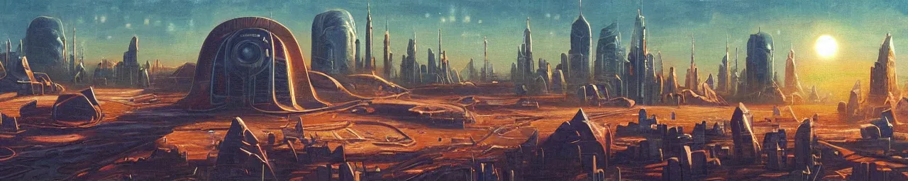 Prompt: retro sci-fi painting of an alien city