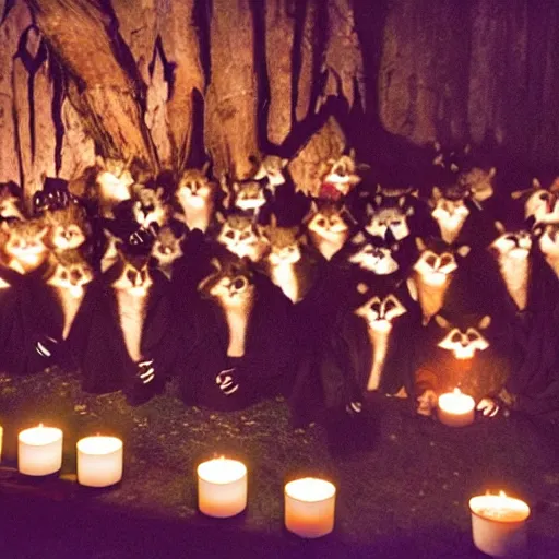 Image similar to disposable camera photo, a group of raccoons wearing dark cult robes look towards the camera in surprise and anger as they perform a dark occult evil ceremony inside the secret lair of an underground mystery cult, dramatic candlelight, ultra - detailed, photorealistic, 4 k