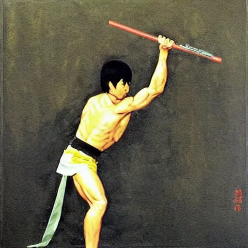 Prompt: Bosch painting of Bruce Lee being a monk holding nunchucks