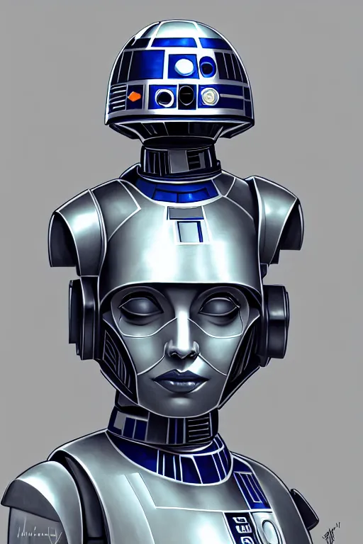 Image similar to a portrait of a random woman as r 2 d 2 droid, humanization, humanized, grim - lighting, high - contrast, intricate, elegant, highly detailed, digital painting, artstation, concept art, smooth, sharp focus, illustration