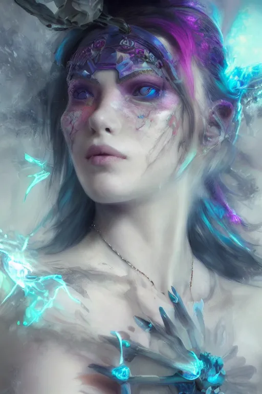 Prompt: face closeup of extremely beautiful girl necromancer, magical fairy flowers and ice, angels, 3 d render, hyper - realistic detailed portrait, holding fire and electricity rainbow, ruan jia, wlop. scifi, fantasy, magic the gathering, hyper detailed, octane render, concept art, peter mohrbacher