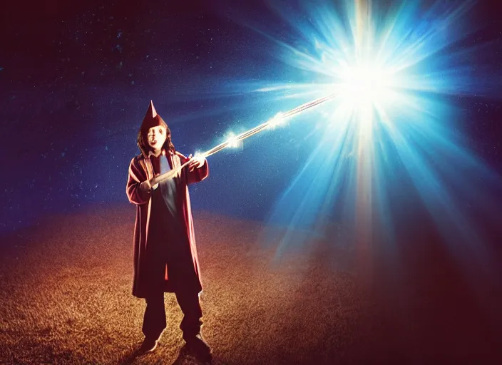 Image similar to a young adult wizard with very detailed face, hair clothes and shoes holds their wand fiercely in their hand from which a blast of bright magic flies from the end of the wand, on an empty moonlit hill, dramatic lighting, lens flare, 3 5 mm full frame professional photography, kodachrome