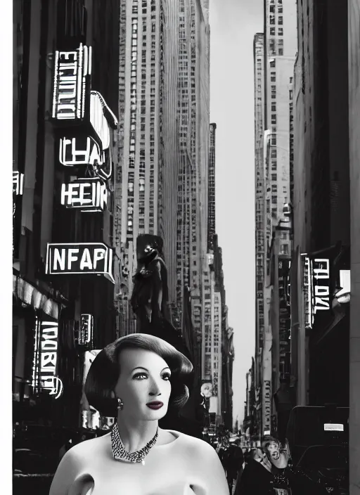 Image similar to a hyper realistic and detailed head portrait photography of a joan holloway, curvy, of mad men on madison avenue, new york city. by annie leibovitz. noir style. cinematic. neon lights glow in the background. ilford hp 5 4 0 0, canon eos c 3 0 0, ƒ 1. 8, 3 5 mm, 8 k, medium - format print