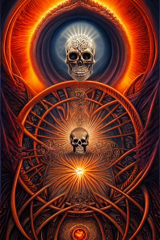 Image similar to A beautiful detailed orixa sun godness, tarot card, by tomasz alen kopera and Justin Gerard, symmetrical features, ominous, magical realism, texture, intricate, ornate, royally decorated, skull, skeleton, whirling smoke, embers, red adornements, red torn fabric, radiant colors, fantasy, trending on artstation, volumetric lighting, micro details, 3d sculpture, ray tracing, 8k, anaglyph effect