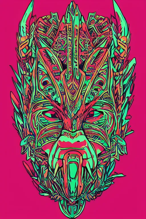 Image similar to animal mask totem roots flower tribal feather gemstone plant wood rock shaman vodoo video game vector cutout illustration vivid multicolor borderlands comics by josan gonzales and dan mumford radiating a glowing aura