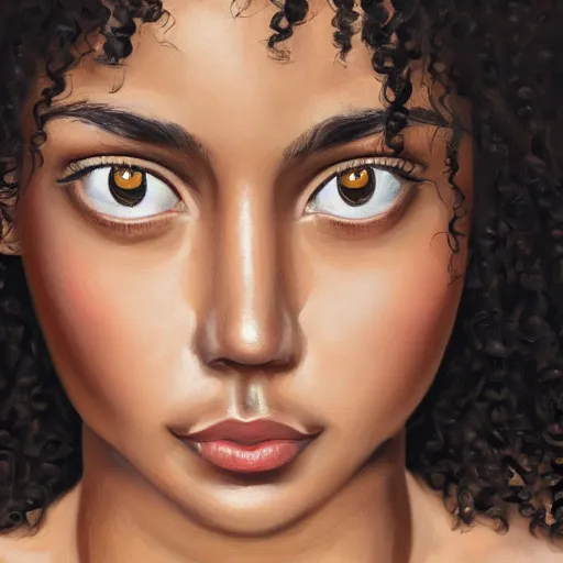 Prompt: portrait of a young lady with curly black hair round face, big brown eyes, picture, hyperrealistic, focused, detailed, computer painting