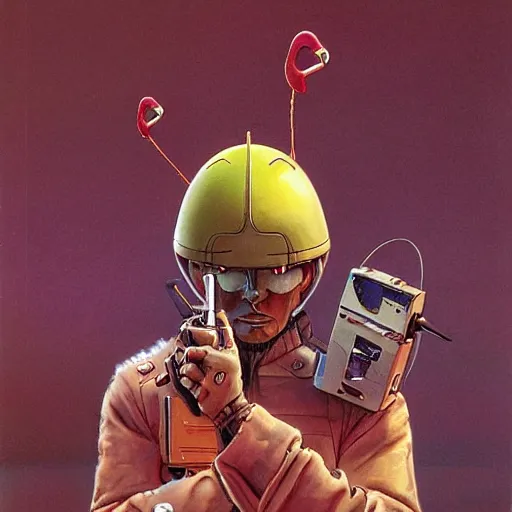 Image similar to a lone Android, wearing a flamingo print bucket hat, by John Harri and Michael Whelan and John Berkey and Robert McCall and Chris Foss and Chris Moore and Vincent Di Fate and Rafał Olbiński and Jim Burns