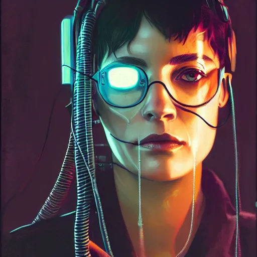 Image similar to shannyn sossamon as a cyberpunk cyber hacker, cybernetic implants, wires, cables, grunge grime, realistic shaded, fine details, realistic shaded lighting by occlusion shadow, intricate, bokeh, masterpiece, by ilya kuvshinov and jeremy lipking and quentin mabille