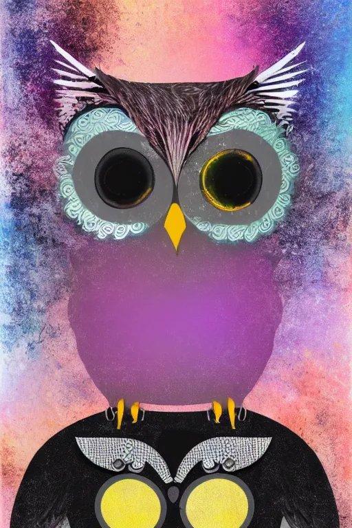 Image similar to cute little owl wearing black biker jacket, portrait photo, backlit, studio photo, pastel swirls background