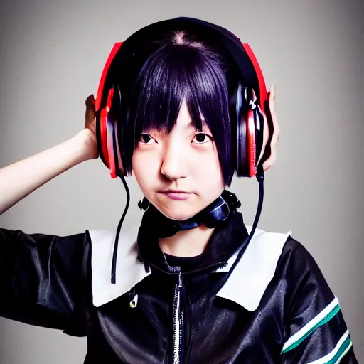 Prompt: stunning photorealistic portrait of cute cyber punk high school girl from Japan. she is wearing heavy complicated future headsets. award winning, taken by canon 5d mk4, art lens, perfect lighting