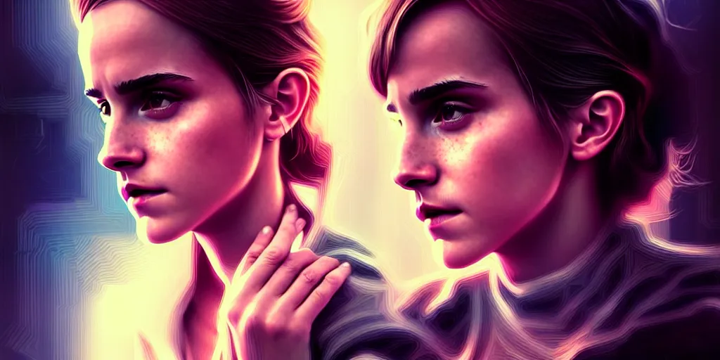 Image similar to hyperrealistic portrait of Emma Watson, full body portrait, well lit, intricate abstract. cyberpunk, intricate artwork, by Tooth Wu, wlop, beeple, in the style of Jin Kagetsu, James Jean and wlop, highly detailed, sharp focus, intricate concept art, digital painting, ambient lighting