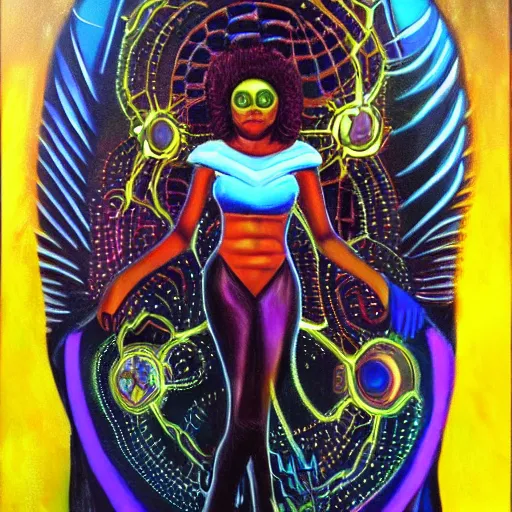 Image similar to afrofuturistic techno mage, dark fantasy, occult, high quality surrealist painting