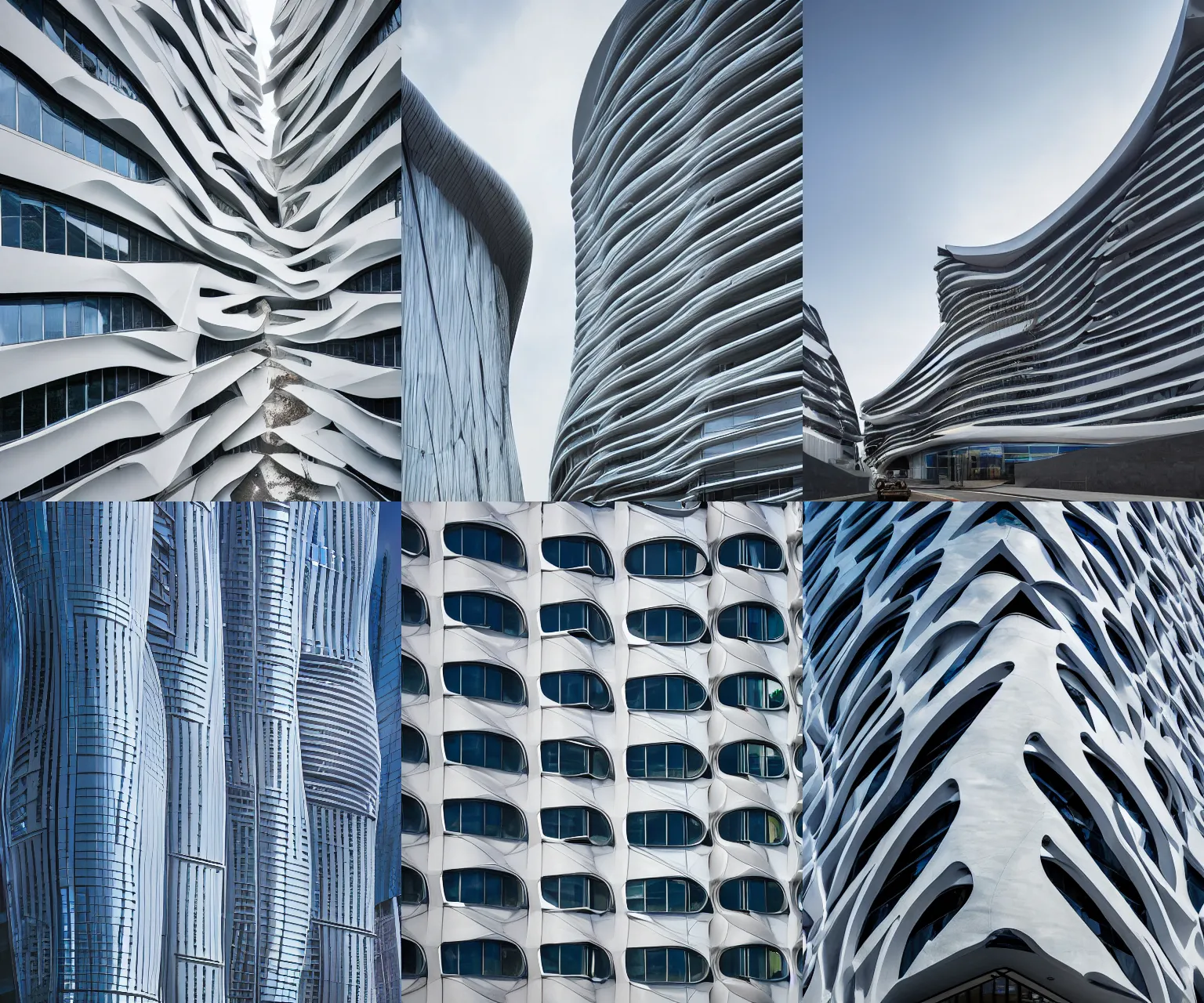 Prompt: exterior photograph of buildings, architecture by Zaha Hadid. Architectural photography, 14mm, cinematic photography, high resolution 4k